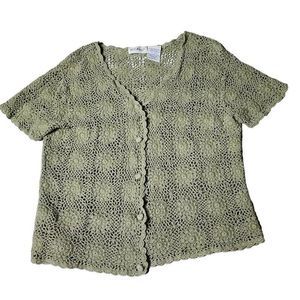 Vintage 90s green knit short sleeve scalloped hem blouse
